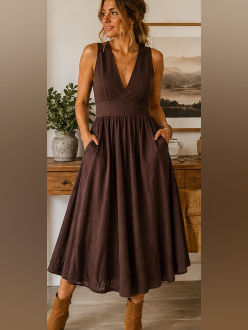 CAbi Chocolate Brown V-Neck Sleeveless Midi Dress